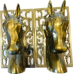 Pair Of Vintage Brass Bookends With Horse Head Motif On Reticulated Backplate