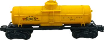 Lionel Post War Sunoco 6015 Single Dome Yellow Tank Car Plastic O Gauge