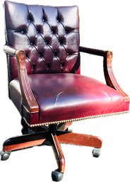 Classic Tufted Leather Office Arm-Chair With Brass Nail Studs - On Wheels