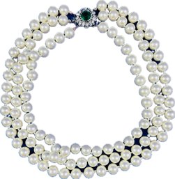 Carolee Triple Strand Pearls - Synthetic Emerald & Diamond Clasp - Signed 'Carolee' - With Dust Bag & Box