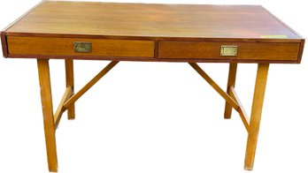 Teak Campaign Desk With Inset Brass Pulls & Two Central Draws