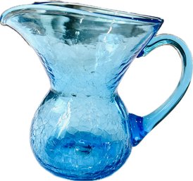 Vintage Hand Blown Blue Crackle Glass Pitcher With Pontil Mark On Base