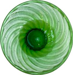 Vintage Hand Blown Green Glass Swirl Design Bowl With Pontil Mark On Base