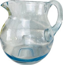 Hand Blown Blue Glass Pitcher With Cut Pontil Mark On Base