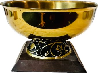 Brass Bowl With Pedestal Base On Wooden Platform