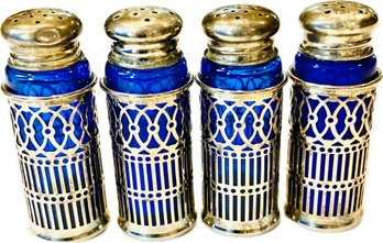 Vintage Reticulated Silver Plate & Cobalt Glass Salt & Pepper Shakers