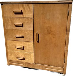 Art Deco Style Compact Armoire On Wheels - Five Draws & Side Door With Hanging Section