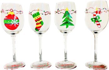 4 Handpainted Christmas Wine Glasses - 9 Inch Tall