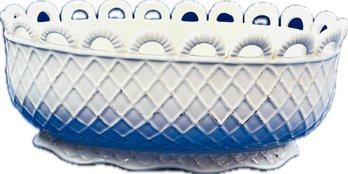 Ceramic Cache Pot With Lattice Basketweave Design & Open Scalloped Rim - Elevated Pedestal Base