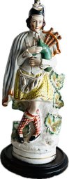 Antique Staffordshire Bagpiper Figure Wired As Lamp On Wooden Base