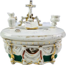 Antique Porcelain Trinket Box 'Fairing' - Featuring Altar, Cross, Bible, Chalice, & Pitcher - Likely German