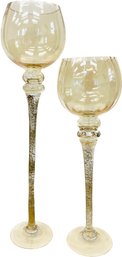 Tall Amber Glass Pedestal Votives - Gold Flecks In Stems - Great Autumnal Design