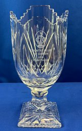 Impressive Heavy Weight Pedestal Base Cut Crystal Vase - Trophy Inscription On One Side