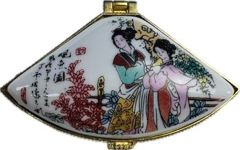 Vintage Chinese Porcelain Hinged Trinket Box - Fan Shaped