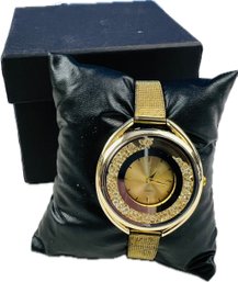 Mid Century Gold Tone Watch With Internal Loose Beads & Buckle Strap - With Gift Box & Gift Pillow