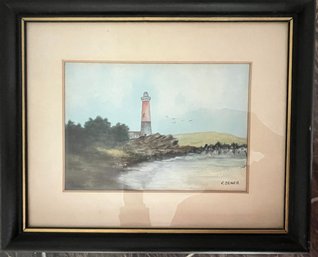 New Jersey Lighthouse  - Original Watercolor, Signed By The Artist Fred Zehner