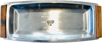 Mid Century Stainless Steel & Wood Engraved Tray With Tennis Medallion