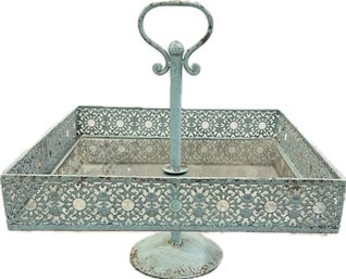 Metal & Glass Pedestal Serving Piece - Reticulated Gallery Tray & Oxidized Copper Inspired Coloration