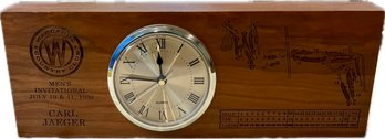 Wooden Table Top Quartz Clock With Incised Waccabuc CC Motif