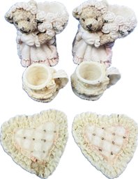 Resin Teddy Bear Miniature Candleholders Plus Miniature Cups & Saucers