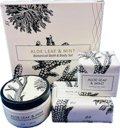 Boxed Set Aloe Leaf Mint Shea Butter Bath Bar, Mint Sparkling Bath Tablet, Shea Butter Hand & Body Cream