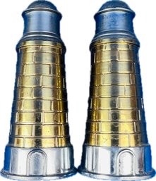 Brass & Silver Tone Lighthouse Salt & Pepper Shakers