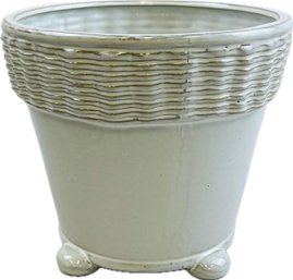 Footed Ceramic Cache Pot With Decorative Wave Etched Border