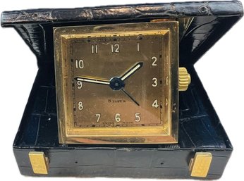 Vintage Pop-up Swiss 8-Day Travel Clock In Alligator Style Case - Gold Lettering 'Daddy' Adorable Piece!