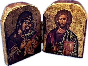 Miniature Hinged Byzantine Style Diptych With Decoupage Icons