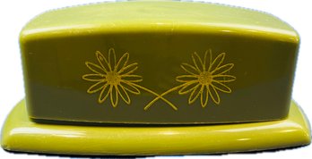 Mid Century Butter Dish & Lid - Daisy Design On Avocado Green Plastic Form