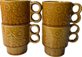 Ceramic Mid-Century Stacking Pedestal Mugs - Floral Relief - Brown Glaze - Signed 'Japan'