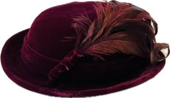 Vintage Velvet Hat With Feathers - Signed 'Madcaps' - With Hat Box