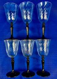 Wine Glasses With Swirl Design & Opaque Black Glass Stem - Signed 'France'