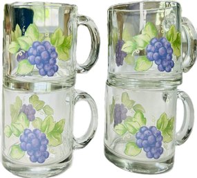 Vintage Clear Glass Mugs With Printed Grape Design - Signed 'Made In USA'