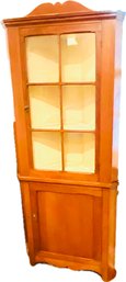 American Antique Corner Cabinet With True Divided Glass Cabinet, Lower Cupboard, Scalloped Bonnet & Base