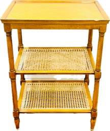 British Colonial Style Three Tiered Side Table With Caned Floating Shelves