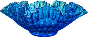 Vintage American Pressed Glass - Fenton Colonial Blue Thumbprint Ruffled Centerpiece Bowl