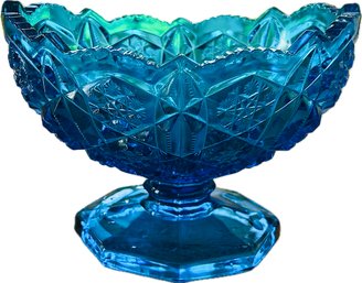 Vintage American Pressed Glass - Kemple Wheaton Aqua Yutec Starburst Valtec Pedestal Compote  - Sawtooth Rim