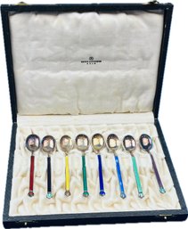 David Andersen Boxed Set Norwegian Sterling Silver Guilloche Enamel Spoons - Signed 'David Andersen - Oslo'