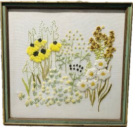 Vintage Framed Crewelwork - Lovely Old Frame With Green Details