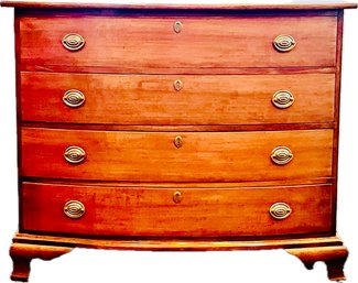 Antique Mahogany Bow Front Dresser With Chippendale Style Ogee Bracket Feet, Brass Pulls, & Escutcheons