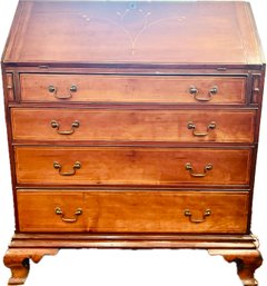 Antique Chippendale Style Slant Front Desk - String Inlay, Interior Document Drawers, Carved Shell Door & More