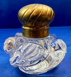 Antique Exquisitely Designed Inkwell - Brass Fittings - Heavy Crystal Carving Depicting Iris Blooms