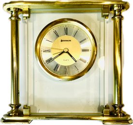 Brass & Glass Quartz Desk Mantle Alarm Clock - Signed Benchmark