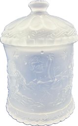 Clear Frosted Lidded Glass Jar With Cherub Raised Pattern Surface