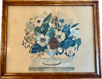 Original Theorem Folk Art Still Life Painting In Curly Maple Frame - Late 19th Or Early 20th Century Work