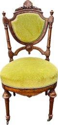 Gothic Revival Side Chair - Carved Shell & Finial Details, Shield Back, Burl Wood Inlay, Brass Casters