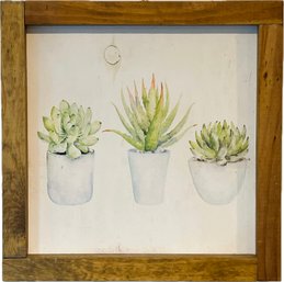 Watercolor On Wood Depicting Potted Succulent Plants