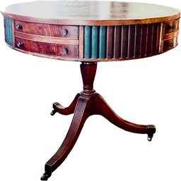 Revolving Leather Topped Drum Table With Faux Books & Brass Casters