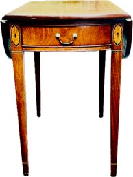 Mahogany Pembroke Table With Satinwood Medallion Inlay, Cock Beading, Tapered Legs, Drawer, & Wings